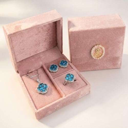 Green/Blue Zircon 4-Leaf Clover Jewelry Set – Necklace, Ring, Earrings – Women's Wedding & Evening Gift for Wife, Girlfriend, Mother – Comes with Gift Box - color: Blue 3-Piece Set