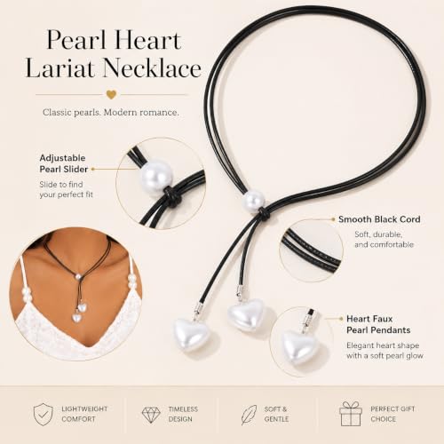 A Bohemian Style Heart Faux Pearl Leather Cord Necklace Y Drop Necklace Black Leather Wrap Choker Necklace Gothic Tie Up Necklace Chain Jewelry for Women