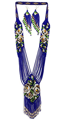Handmade Native American Style Tribal ethnic Seed Bead Beaded Layered Medallion Necklace 4 - color: Blue