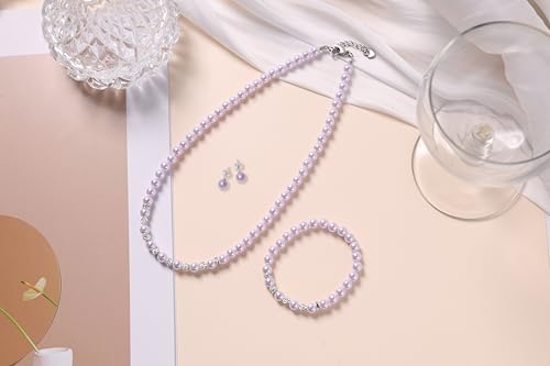 6mm Pearl Jewelry Set for Women & Girls, Necklace Bracelet Earrings | Sparkling Rhinestone Detail, Faux Pearl Set, Prom Gift - style: 14.5 inches purple