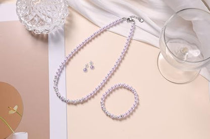 6mm Pearl Jewelry Set for Women & Girls, Necklace Bracelet Earrings | Sparkling Rhinestone Detail, Faux Pearl Set, Prom Gift - style: 14.5 inches purple