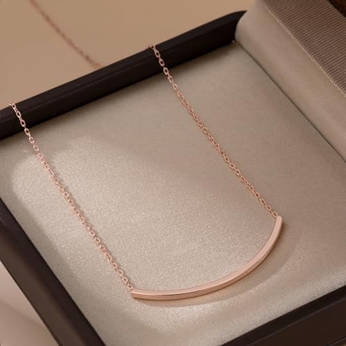 SLUYNZ Solid 925 Sterling Silver Minimalist Bar Choker Necklace for Women Teens Curved Tube Bar Pendant Necklace - color: C-Rose Gold Plated