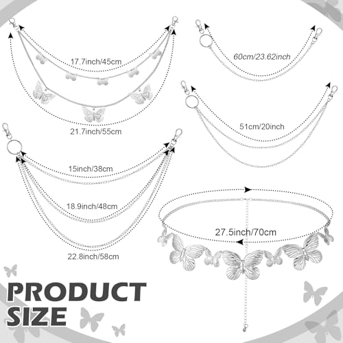 Jadive 5 Pieces Belt Chain Jeans Pants Pocket Waist Multi-Layer Hip Hop Metal Wallet Chain for Men Women - style: Cute Butterfly, Silver
