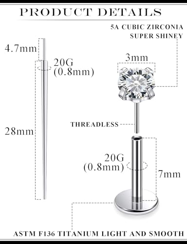 20G 18G 16G F136 Titanium Threadless Flat Back Earrings Nose Studs Tragus Forward Helix Conch Cartilage Lobe Earrings Medusa Labret Snake Bite Monroe Lip Ring Piercing Jewelry For Women Men - size: 20G-7MM Bar-CZ 3MM