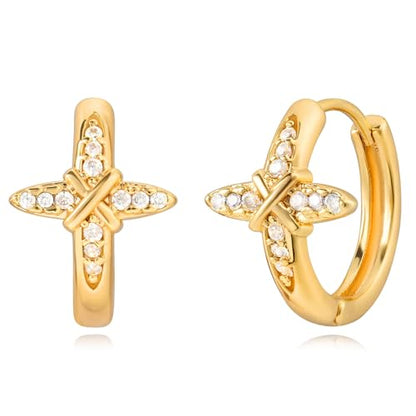 Dremmy Studios Dainty CZ Huggie Hoop Earrings 14K Gold Plated Chunky Simple Cute Thick Round Frill Bead Ball Starburst Cuff Earrings Cubic Zirconia Hoop Earrings Minimalist Personalized Gift for Her - color: Cross-Hoop