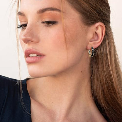 Trendy 14K Gold Plated Hoop Earrings for Women, Chunky Gold/Silver Earrings for Women Cubic Zirconia Baguette Hoop Earrings Heart Hoops Lightweight Hypoallergenic Jewelry,25mm/35mm/40mm/50mm - color: 01 Gold Black CZ Hoops 25mm
