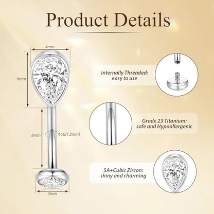 PEAKLINK G23 Titanium Eyebrow Ring 16G Rook Daith Tragus Helix Piercing Internal Threaded Curved Barbell Vertical Labret Lip Jewelry Small Belly Button Ring - color: Silver with Claer CZ
