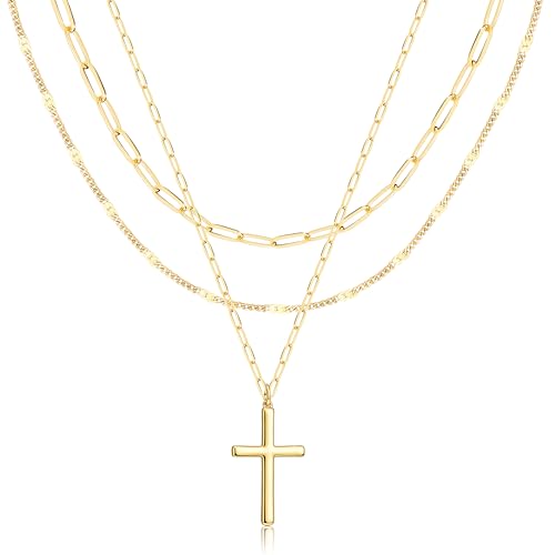 Poxtex Layered Gold Necklaces for Women, Stackable Dainty 14K Gold Silver Plated Trendy Simple Heart Diamond Cross Bow Circle Pendant Paperclip Choker Dot Chain Necklace,Jewelry Set Gifts for Women - color: Gold, style: Contemporary