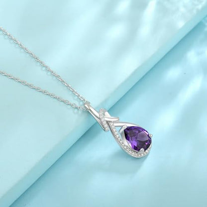 Infinity Teardrop Necklace Silver Tone Pendant Birthstone Jewelry for Women - color: Purple