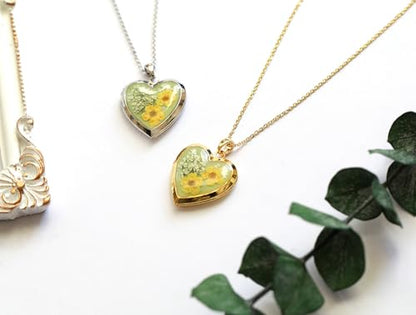 Handmade Heart Shaped Dried Pressed Forget Me Not Flower Photo Locket Pendant Necklace - color: Gold, style: Yellow+LightGreen