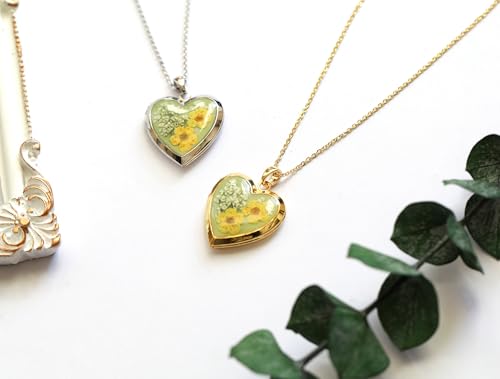 Handmade Heart Shaped Dried Pressed Forget Me Not Flower Photo Locket Pendant Necklace - color: Gold, style: Yellow+LightGreen