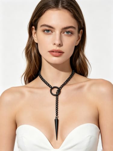 Slip Chain Necklaces for Women Stainless Steel Bar Pendant Choker Necklace Boho Handmade Long Lariat Necklace Silver Statement Punk Rock Collar Jewelry - style: Black awl