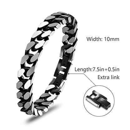 Mens Bracelet-Stainless Steel Fold Over Clasp Cuban Chain-Bracelets for Men - color: E-Black