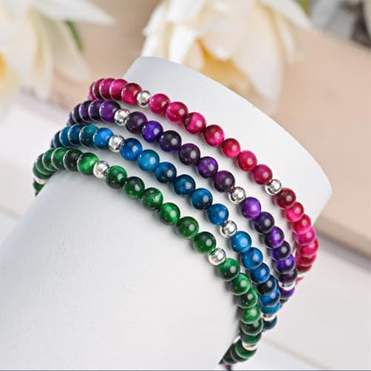 Natural Stone&925 Sterling Silver/18K Gold Anklet,│4MM│9-12 in│, Hand Woven, Adjustable Size - color: 925 Sterling Silver&Violet Tiger's Eye,4MM