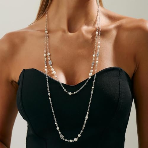 Long Layered Faux Pearl Beaded Chain Necklace for Women,Boho Y Body Chain Gold Drop Lariat Necklace Dainty Statement Fashion Jewelry Gifts - color: Silver2