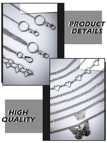 Jadive 5 Pieces Belt Chain Jeans Pants Pocket Waist Multi-Layer Hip Hop Metal Wallet Chain for Men Women - style: Butterfly, Heart, Black