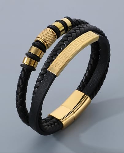 Italian Handmade Leather Bracelets for Men - color: Golden, size: 8.2"