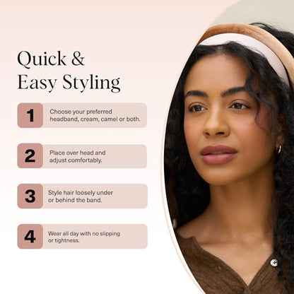 Kitsch Velvet & Satin Headbands for Women - Non Slip, Soft and Lightweight - Stylish Headbands for Girls with Chic Neutral Shades - Cream & Camel, 2pc Set - color: Cream & Camel