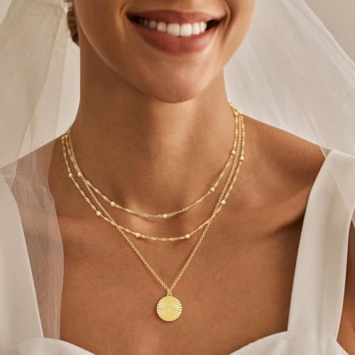 MFRYK Gold Necklaces for Women,14K Gold/Silver Plated Choker Layered Necklace Dainty Pearl Disc Cross Circle Heart Pendant Chain Stackable Necklaces, Multilayer Jewelry Set Gifts for Women - style: 3Layered Preal Beads Disc-GD