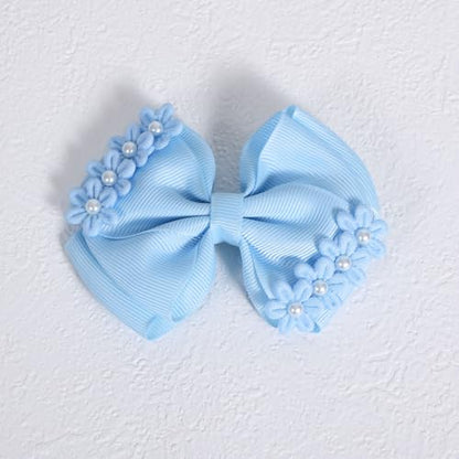 Light Blue Grosgrain Ribbon Bow Hair Clips 2pc 4" Pearl Flower Alligator Hair Pins Barrettes for little Teen Toddler Girls Kids Easter Summer Outfit Accessory Birthday Back School Gift - color: Light Blue