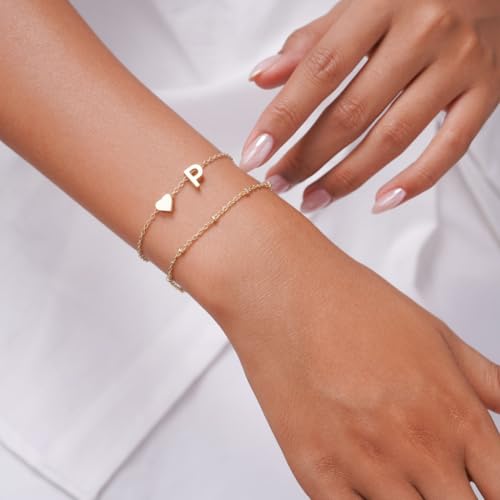 Gold Initial Bracelets for Women Trendy, Dainty Layered 14K Gold Plated Heart Letter Charm Bracelets, letter beads for name bracelets Jewelry Gifts - color: Gold-P
