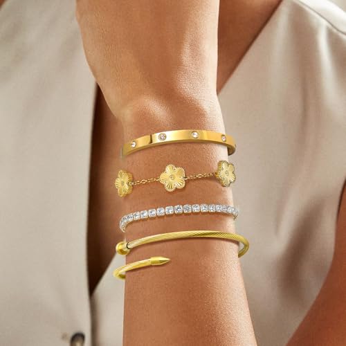 MOINSPIRE Gold Bracelets for Women, 18K Gold Plated Tennis Nail Clover love Bangle Bracelets Set Non Tarnish, Stainless Steel Trendy Stackable Bracelet Fashion Jewelry Accessories Gifts for Christmas - color: A1-Gold