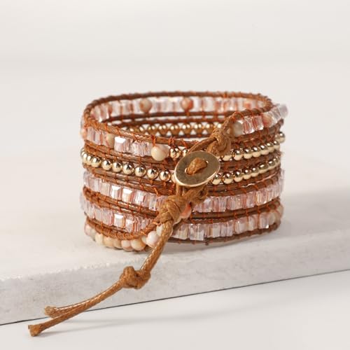 Artilady Leather Wrap Bracelet for Women, Pearl Beaded Bangle Stack Jewelry | Easy on-off, Elegant Handmade Multi-Layered, Daily Casual Date Beach Vacation, Gift for Ladies, Mother, Sister & Friend - style: Pink stone