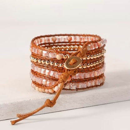 Artilady Leather Wrap Bracelet for Women, Pearl Beaded Bangle Stack Jewelry | Easy on-off, Elegant Handmade Multi-Layered, Daily Casual Date Beach Vacation, Gift for Ladies, Mother, Sister & Friend - style: Pink stone
