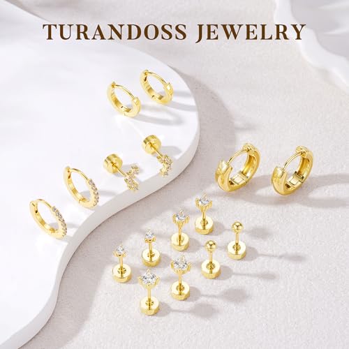 Turandoss 8 Pairs Gold Stud Hoop Earrings for Women | 14K Gold Plated Small Huggie Hoop Earrings, Flat Back Cartilage Earring Stacks Set, Multiple Piercing, Hypoallergenic - color: 14K Gold Plated