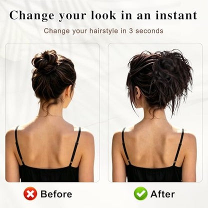 HMD Tousled Updo Messy Bun Hair Piece Ponytail Hairpieces for Women | Synthetic Hair Extension Ponytail with Elastic Rubber Band, Updo Hairpiece Hair Bun Scrunchies for Women Daily Party - color: 6A Dark Brown