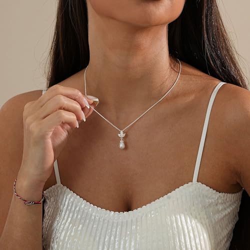 Pearl Necklaces for Women,Dainty Gold Pendant Necklaces Waterproof Jewelry | 14K Gold Plated Pearl Necklaces,Dainty Elegant Wedding Necklace,Small Cute Adjustable Minimalist Necklace,Non Tarnish Jewelry - color: SILVER-2