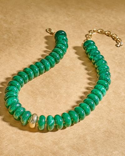 Chunky Beaded Necklace for Women Boho Statement Bead Necklace Adjustable Choker with Polished Disc/Square Beads Trendy Summer Beach Jewelry Gifts - color: Dark Green