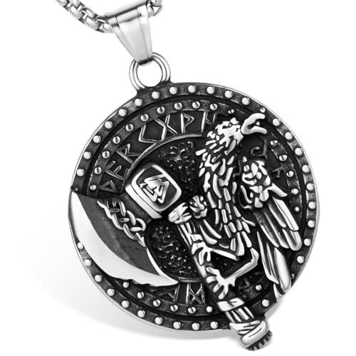 Stainless Steel Gothic Y2K Punk Rock Emo Biker Pendant Necklace | Cosplay Vintage Viking Alt Edgy Fashion Charm Necklace Jewelry for Men Women Active Daily Wear - style: Odin Raven Axe Medallion