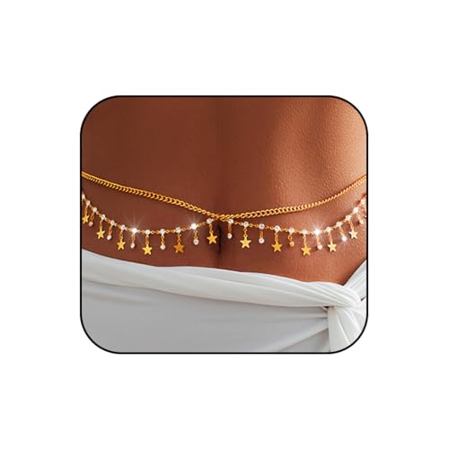 Gold Belly Chain Rhinestone Body Jewelry Chain Plated Waist Chains Layered Body Waist Summer Beach Bikini Jewelry for Women - style: star-gold