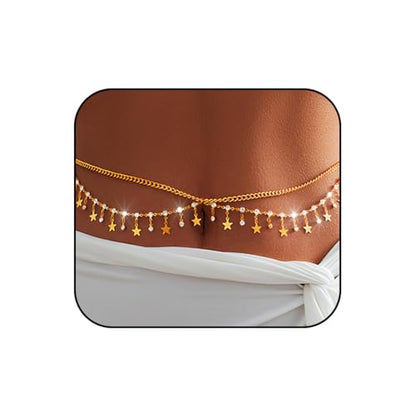 Gold Belly Chain Rhinestone Body Jewelry Chain Plated Waist Chains Layered Body Waist Summer Beach Bikini Jewelry for Women - style: star-gold