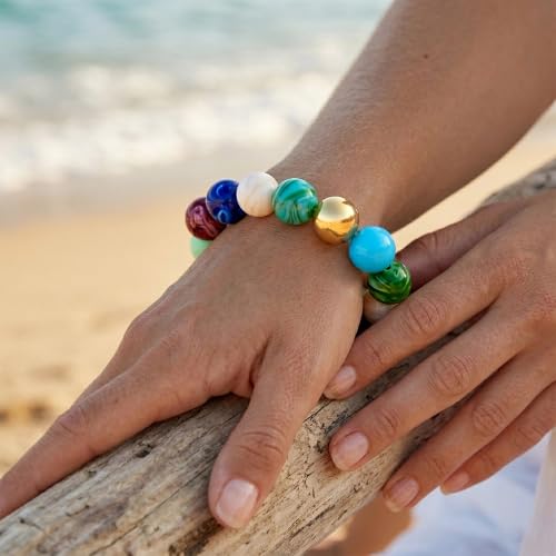 WOWORAMA Chunky Beaded Bracelets for Women Colorful Large Square Beads Bracelet Boho Acrylic Resin Stretch Bracelets Statement Chunky Bracelet Summer Jewelry - color: Large-blue