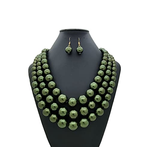 Fashion 21 Women's Faux Pearl Three Multi-Strand Statement Necklace and Earrings Set - color: Dark Olive Green