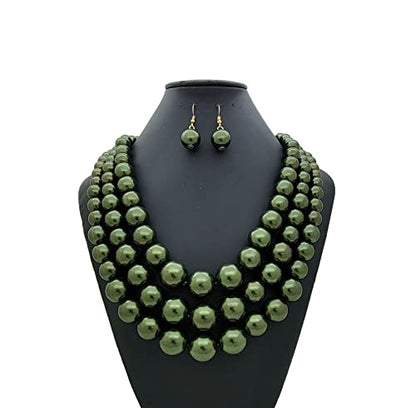 Fashion 21 Women's Faux Pearl Three Multi-Strand Statement Necklace and Earrings Set - color: Dark Olive Green