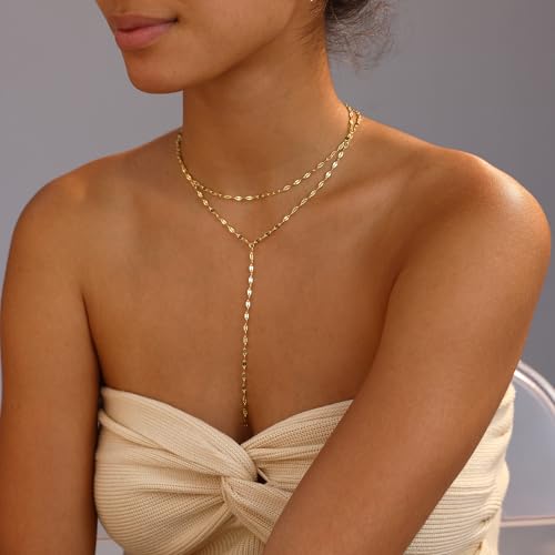 Gold Necklace for Women, Dainty Long Necklace 14k Gold Plated Lariat Long Necklaces for Women Trendy Simple Statement Drop Necklace Fashion Body Chain Prom Jewelry Gold Accessories - color: 14-Gold
