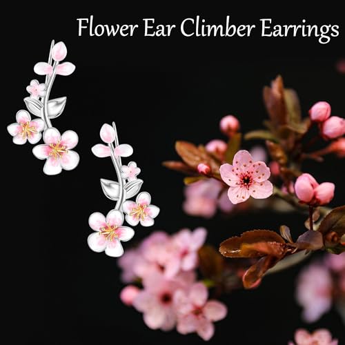 Ear Climbers Earrings for Women Sterling Silver Vintage Ear Crawler Earrings Jewelry Gifts for Women - style: Cherry Blossom