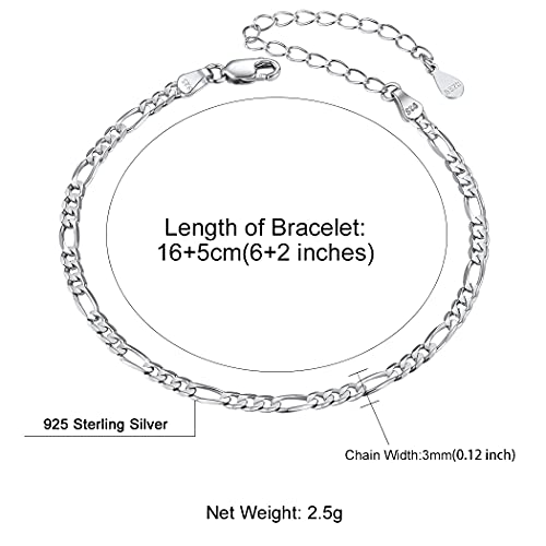 ChainsHouse Stainless Steel Herringbone Flat Chain Bracelets for Women,18K Gold/Rose Gold/Black Metal Paperclip/Snake/Cuban/Figaro Sterling Silver Link Charm Bracelet, 16+5cm Adjustable, With Gift Box - color: c. figaro-sterling silver