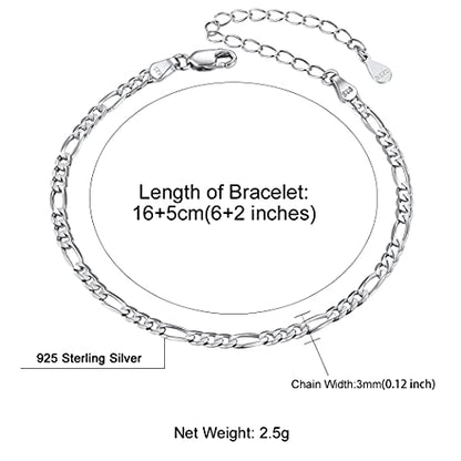 ChainsHouse Stainless Steel Herringbone Flat Chain Bracelets for Women,18K Gold/Rose Gold/Black Metal Paperclip/Snake/Cuban/Figaro Sterling Silver Link Charm Bracelet, 16+5cm Adjustable, With Gift Box - color: c. figaro-sterling silver