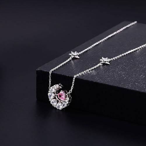 925 Sterling Silver Necklace for Women Trendy, Charming Layered Necklace with Cubic Zirconia Pendant for Her Womens Dainty Diamond Choker Necklaces Holiday Jewelry Gifts for Mom Wife Daughter Lover - color: Moon-Pink