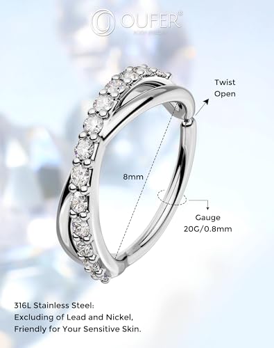 OUFER Nose Rings Silver, 20G Double Hoop 8MM Nose Rings, Seamless Stainless Steel Rook Daith Piercing Jewelry for Women & Men - style: Style5-Sliver Braids