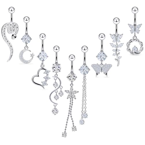 Vsnnsns 14G Dangle Belly Button Ring Piercing Jewelry 316L Stainless Surgical Steel Snake Heart Butterfly Flower Diamond CZ Navel Rings Dangling Belly Button Ring Piercing Jewelry for Women 14 Gauge - color: Silver Tone