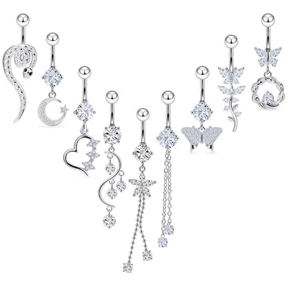 Vsnnsns 14G Dangle Belly Button Ring Piercing Jewelry 316L Stainless Surgical Steel Snake Heart Butterfly Flower Diamond CZ Navel Rings Dangling Belly Button Ring Piercing Jewelry for Women 14 Gauge - color: Silver Tone