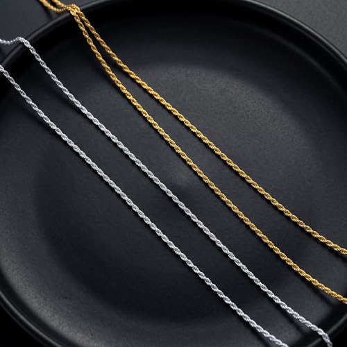 S925 Sterling Silver Chain for Women, 2mm Sterling Silver Rope Chain Necklace Thick Sturdy Colourfast Necklaces Jewelry for Women 16/18/20/22 Inch - color: Gold