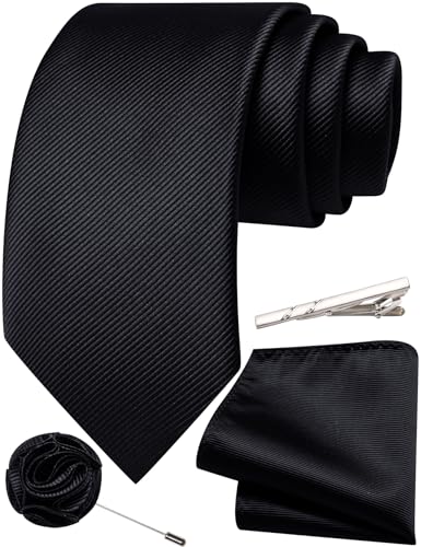 Solid Color Tie and Pocket Square with Tie Clip Lapel Pin Silk Formal Necktie Set Wedding Formal - color: Black