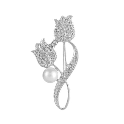 coadipress Tulip Floral Brooch Pin for Women Dainty Gold Plated Rhinestone Pearl Tulip Flower Green Leaf Broochs Pins Trendy Wedding Party Jewelry Accessories - style: Silver