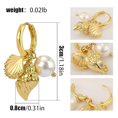 Dangle Gold Charm Earrings for Women 14K Gold Plated Bow Cherry Rose Zirconia Dragonfly Love Heart Wing Cross Pearl Conch Seashell Huggie Hoop Earring Drop Cross Trendy Party Jewelry Gifts for Women - style: Seashell and Pearl